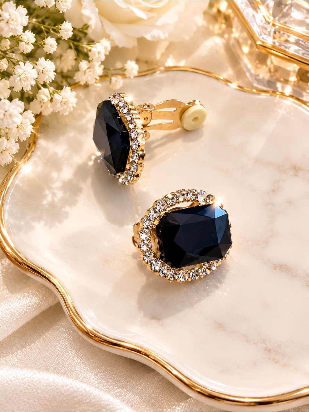 Gold Clip-On Earrings with Black Gemstone and Crystal Halo